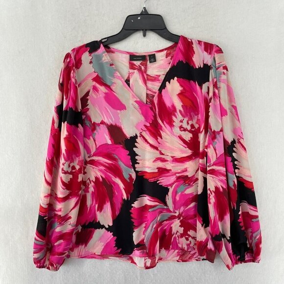 Halogen Blouse Womens 1 XL Pink Red Black Floral Long Sleeve V-Neck Pullover - Picture 2 of 11